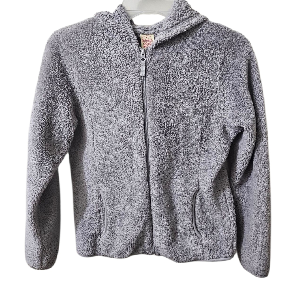 Faded Glory Girls Large 10/12 Gray Sherpa Fleece Zip Up Hoodie